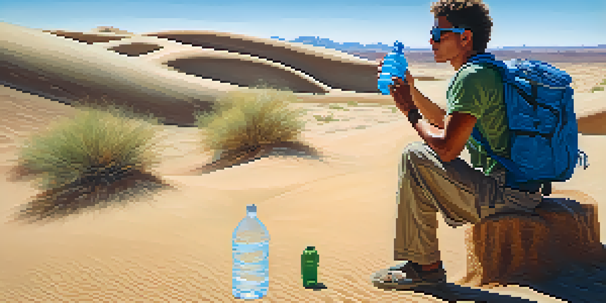 A traveler in a sunny desert landscape, holding a reusable water bottle under a clear blue sky.