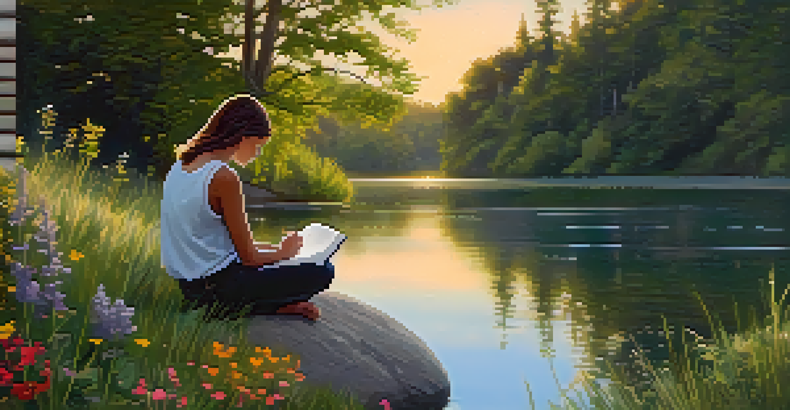 A person sitting on a rock by a lake, journaling in a natural setting filled with greenery and wildflowers, bathed in soft sunset light.