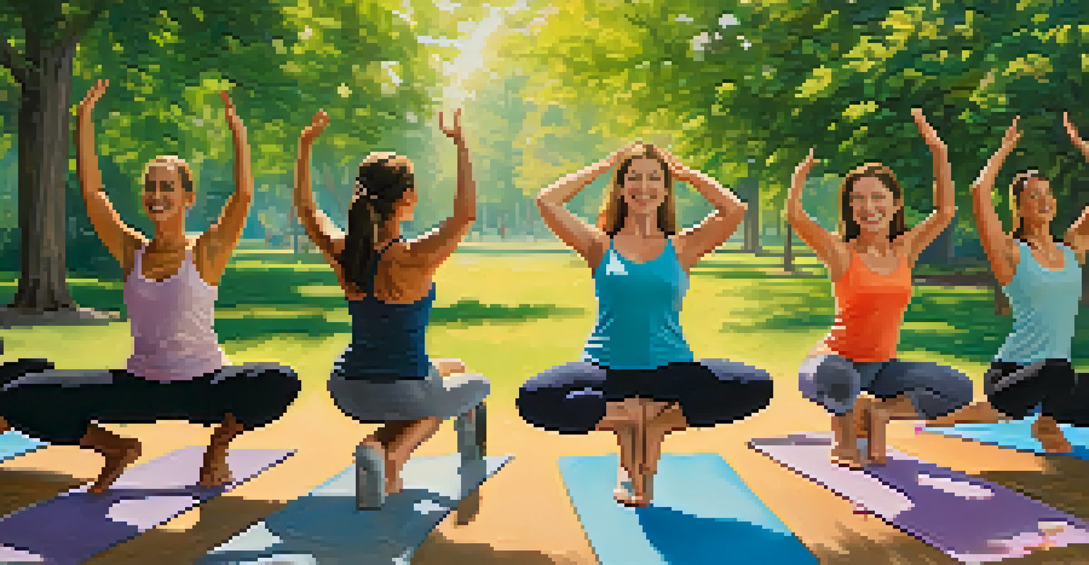 Group of friends practicing yoga in a beautiful park, surrounded by nature.