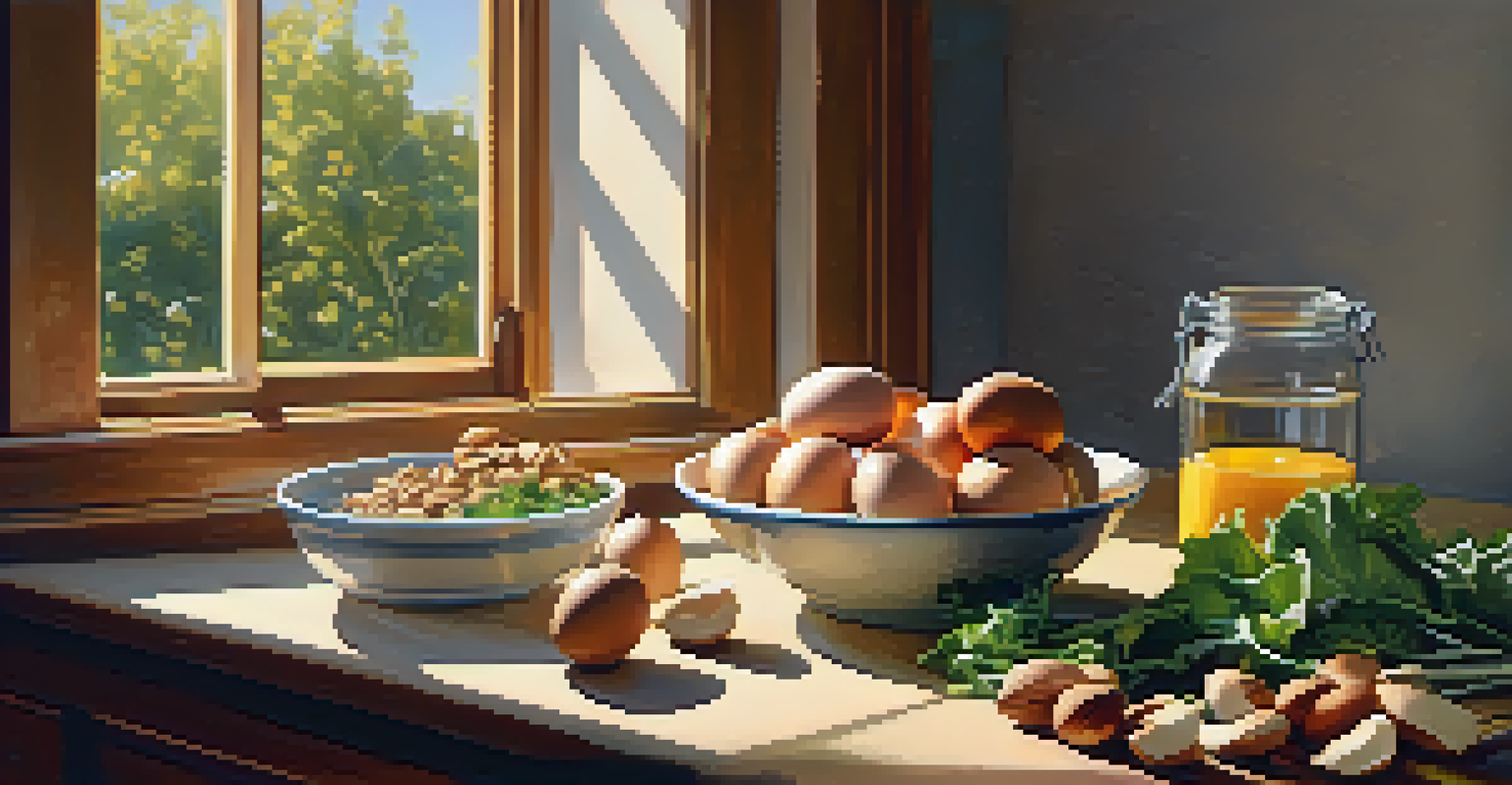 A sunny kitchen with sunlight streaming through a window, a bowl of eggs, a jar of nuts, and a plate of leafy greens arranged on a countertop.