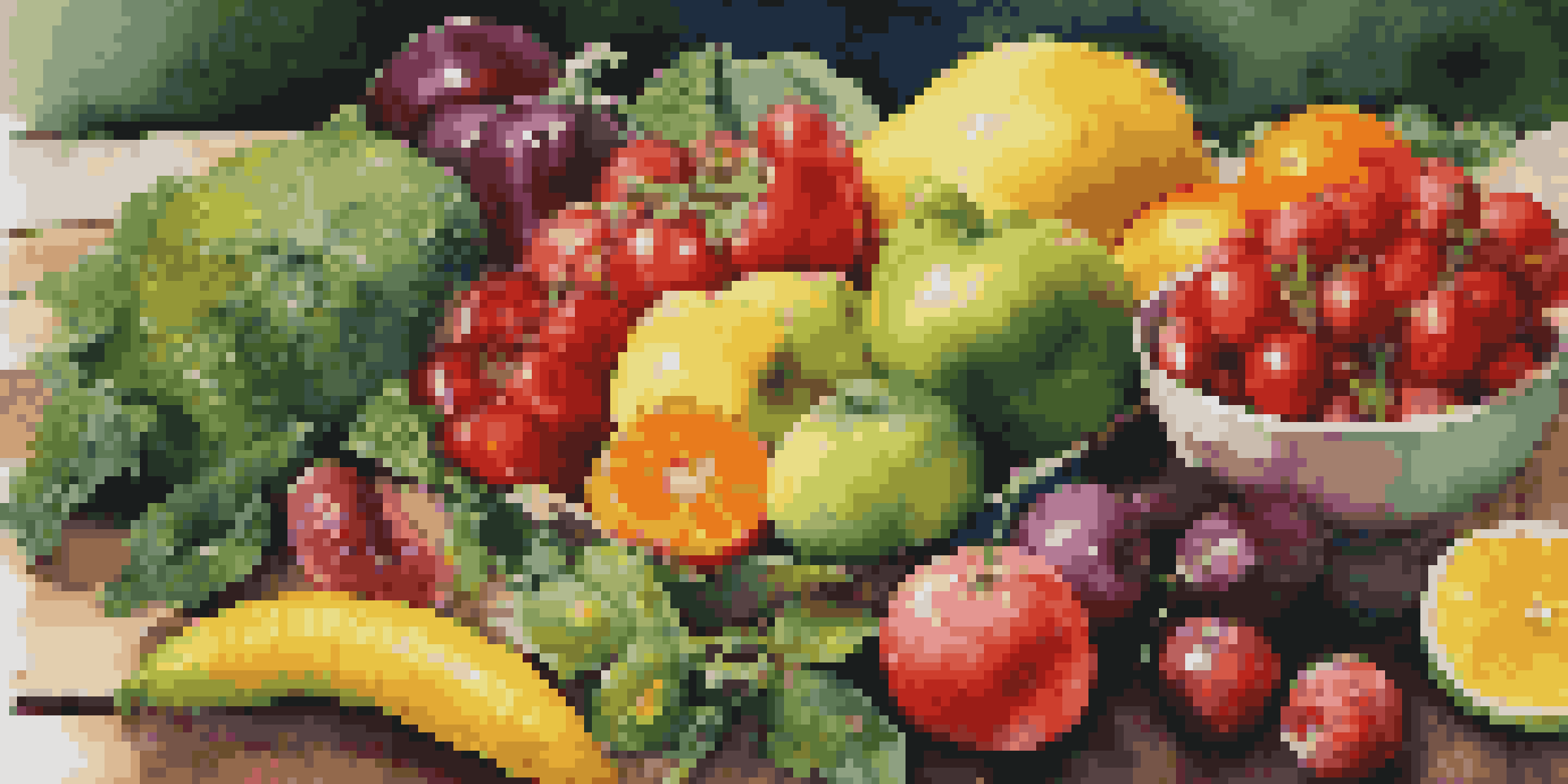 A colorful assortment of fresh fruits and vegetables arranged on a wooden table, illuminated by natural sunlight.