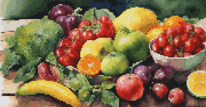 A colorful assortment of fresh fruits and vegetables arranged on a wooden table, illuminated by natural sunlight.
