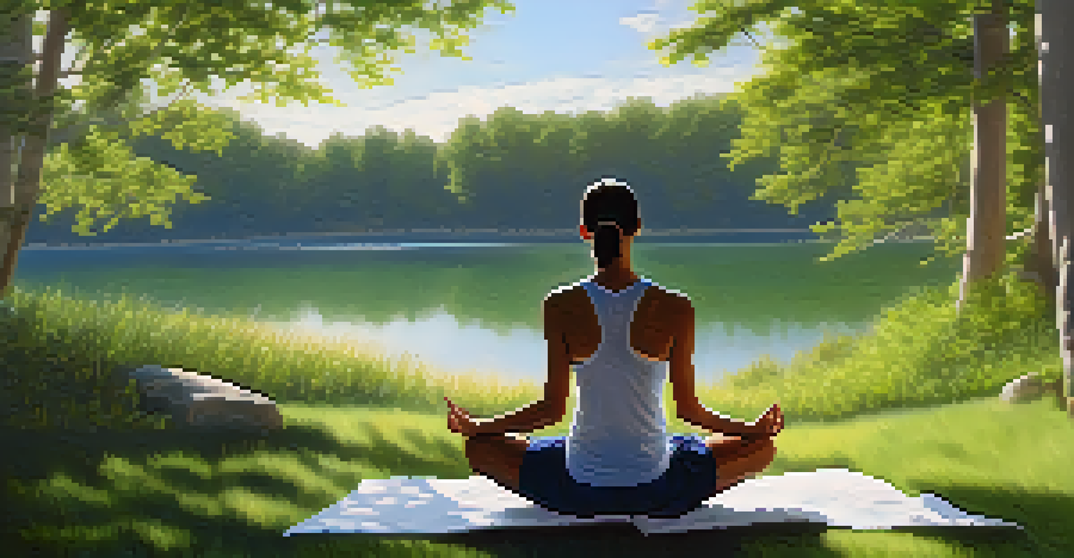 An athlete practicing mindfulness outdoors, seated cross-legged in a serene environment with a tranquil lake in the background.