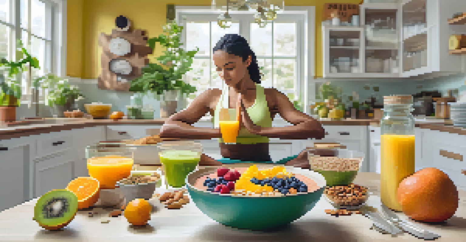 A breakfast table with a smoothie bowl and a person practicing yoga in the background.