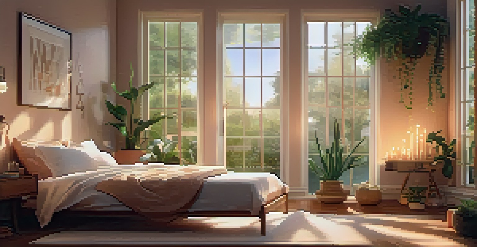 A person practicing gentle yoga in a cozy bedroom filled with calming decorations and warm light.
