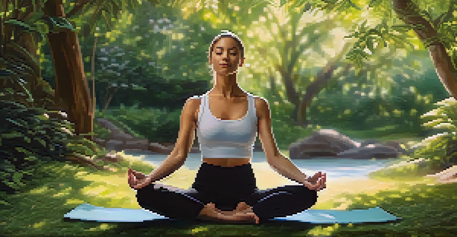 A person practicing yoga in a tranquil natural environment with greenery and soft sunlight.
