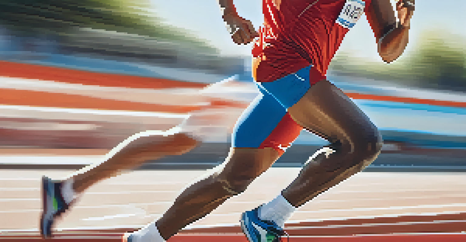 A focused athlete running on a track, with a blurred background to convey speed, holding a water bottle and illuminated by sunlight.
