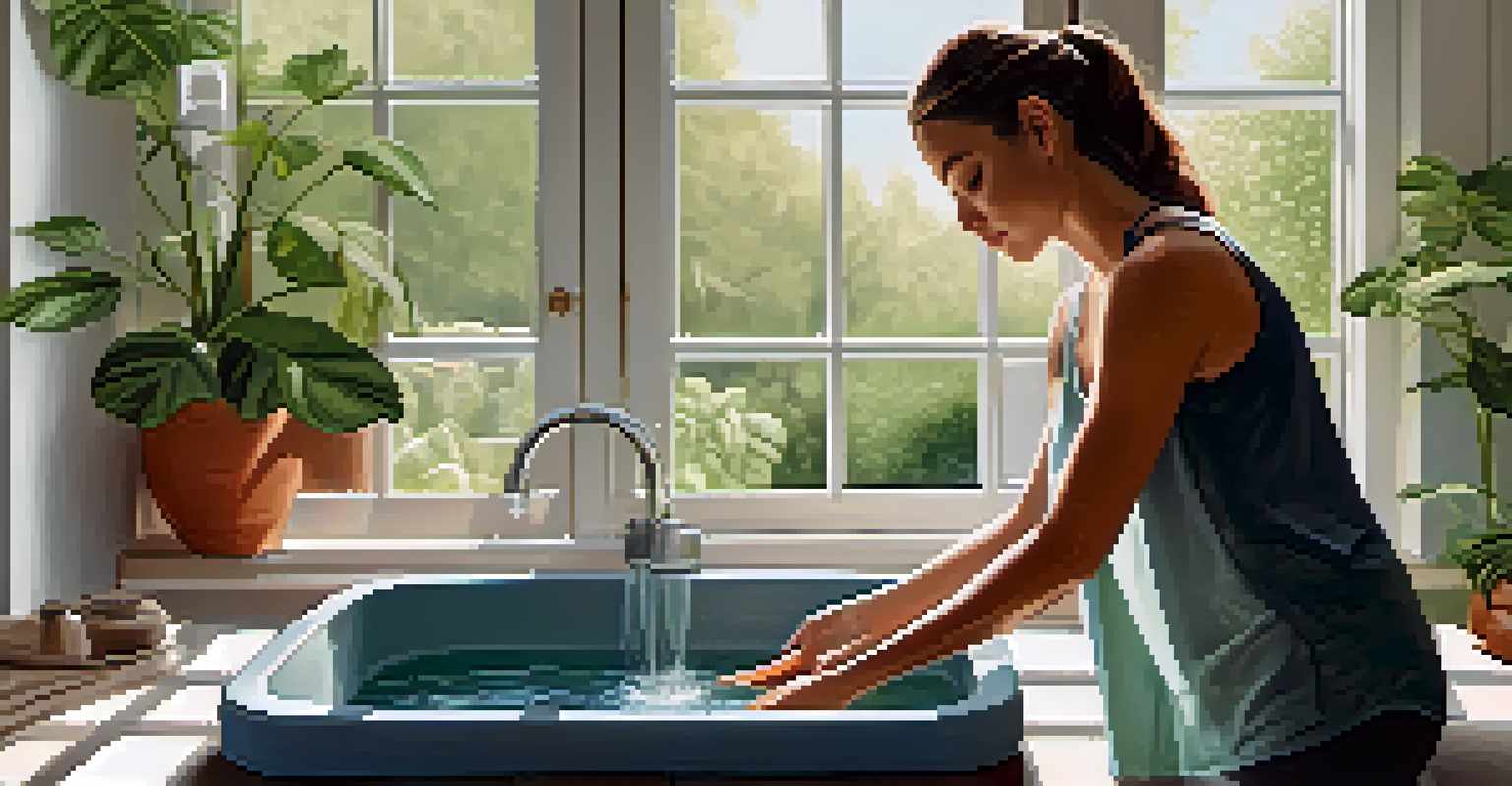 A person washing activewear in a basin using eco-friendly soap, surrounded by plants and natural light in a serene home setting.