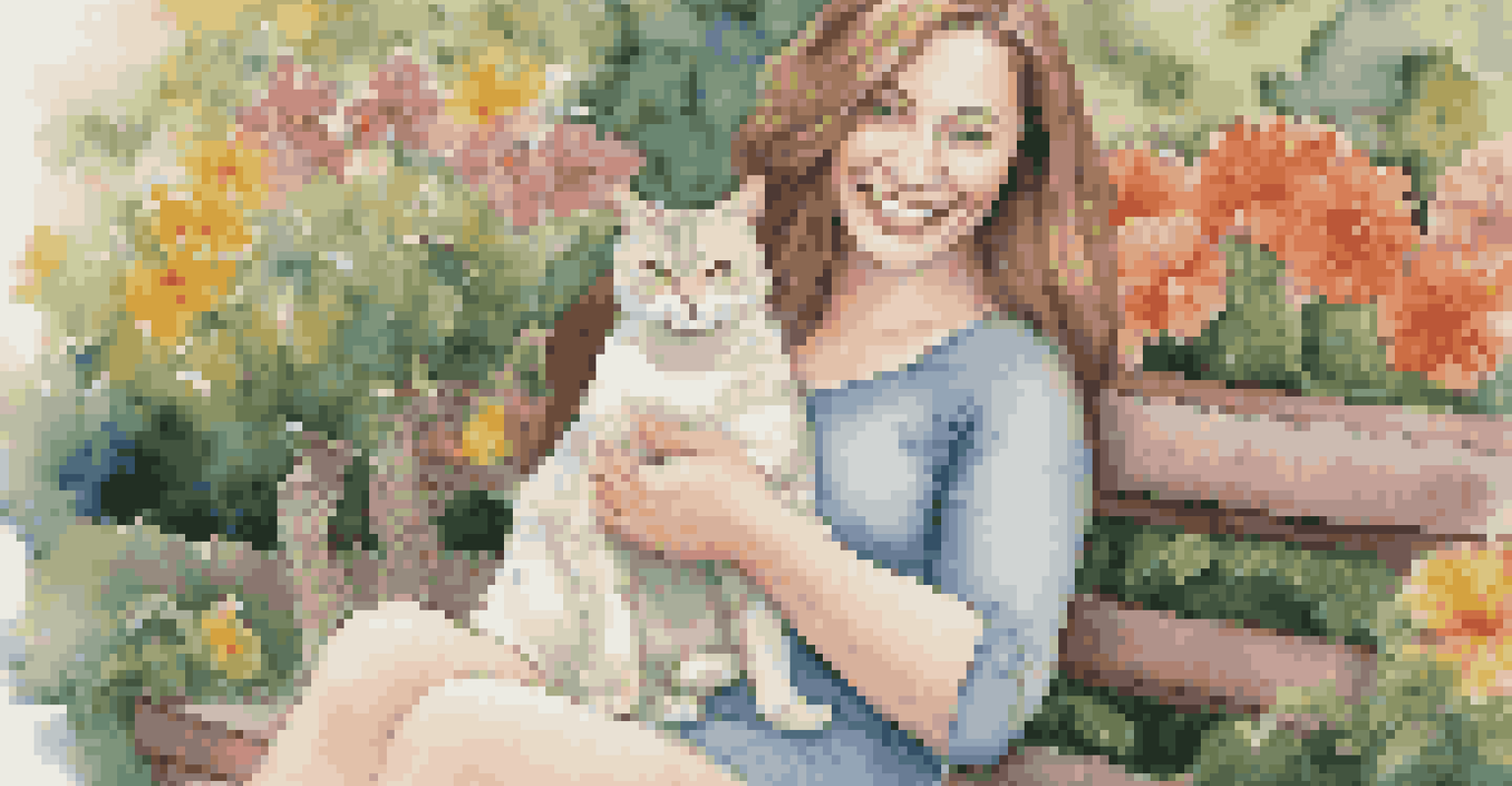 A woman smiling while petting her cat on a bench in a blooming garden.