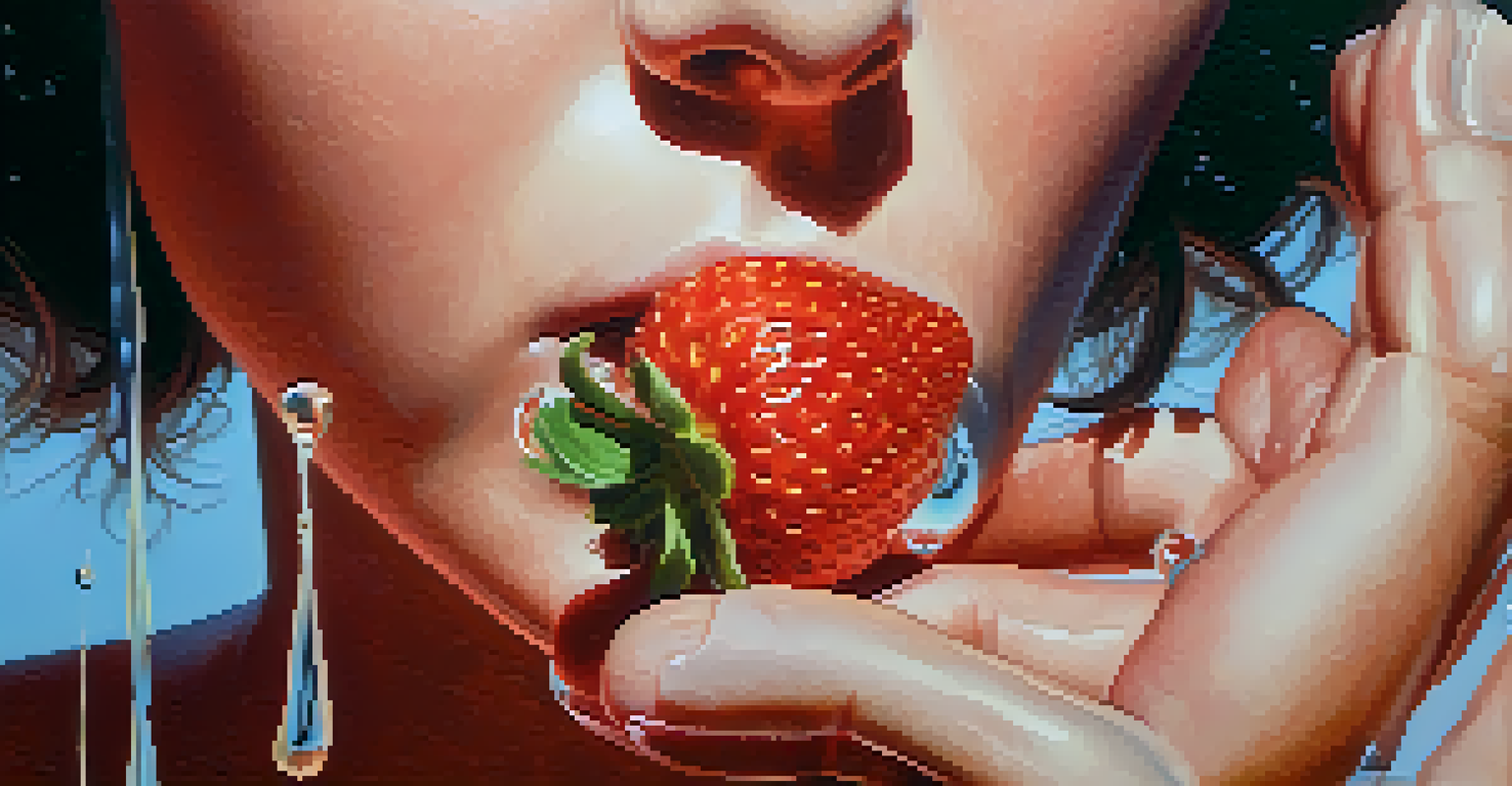 A close-up of a hand holding a ripe strawberry, with glistening drops of juice, emphasizing the act of savoring.