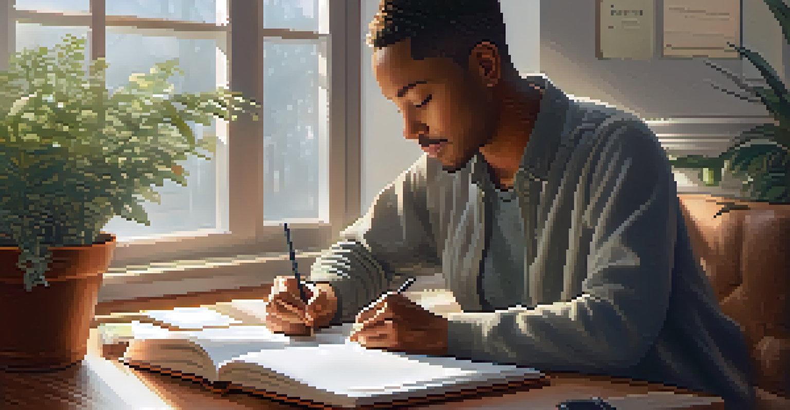 An employee writing in a gratitude journal at a cozy desk with a plant and a cup of coffee, bathed in soft morning light.