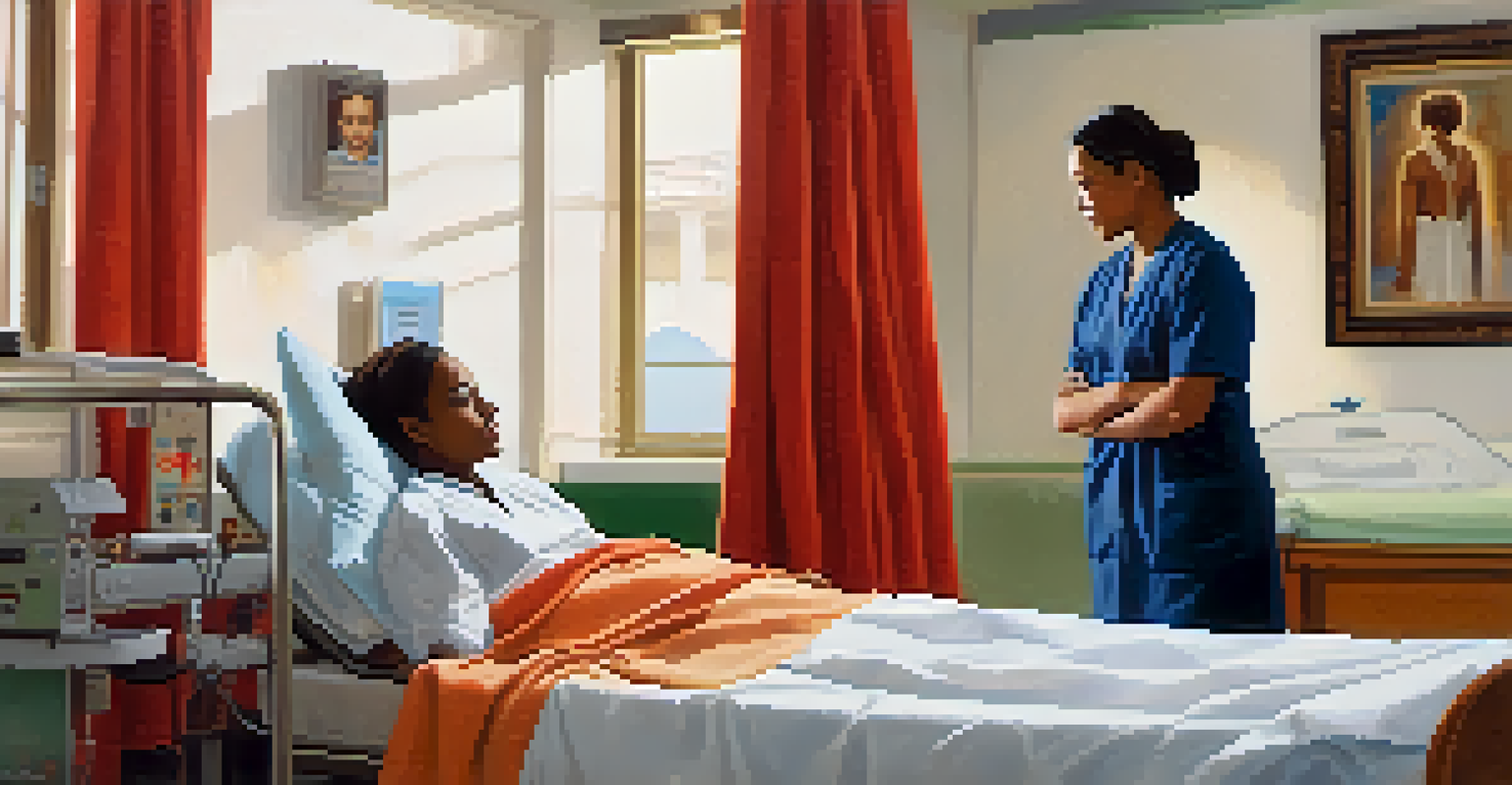 A nurse attentively listening to a patient from a different cultural background in a hospital room.