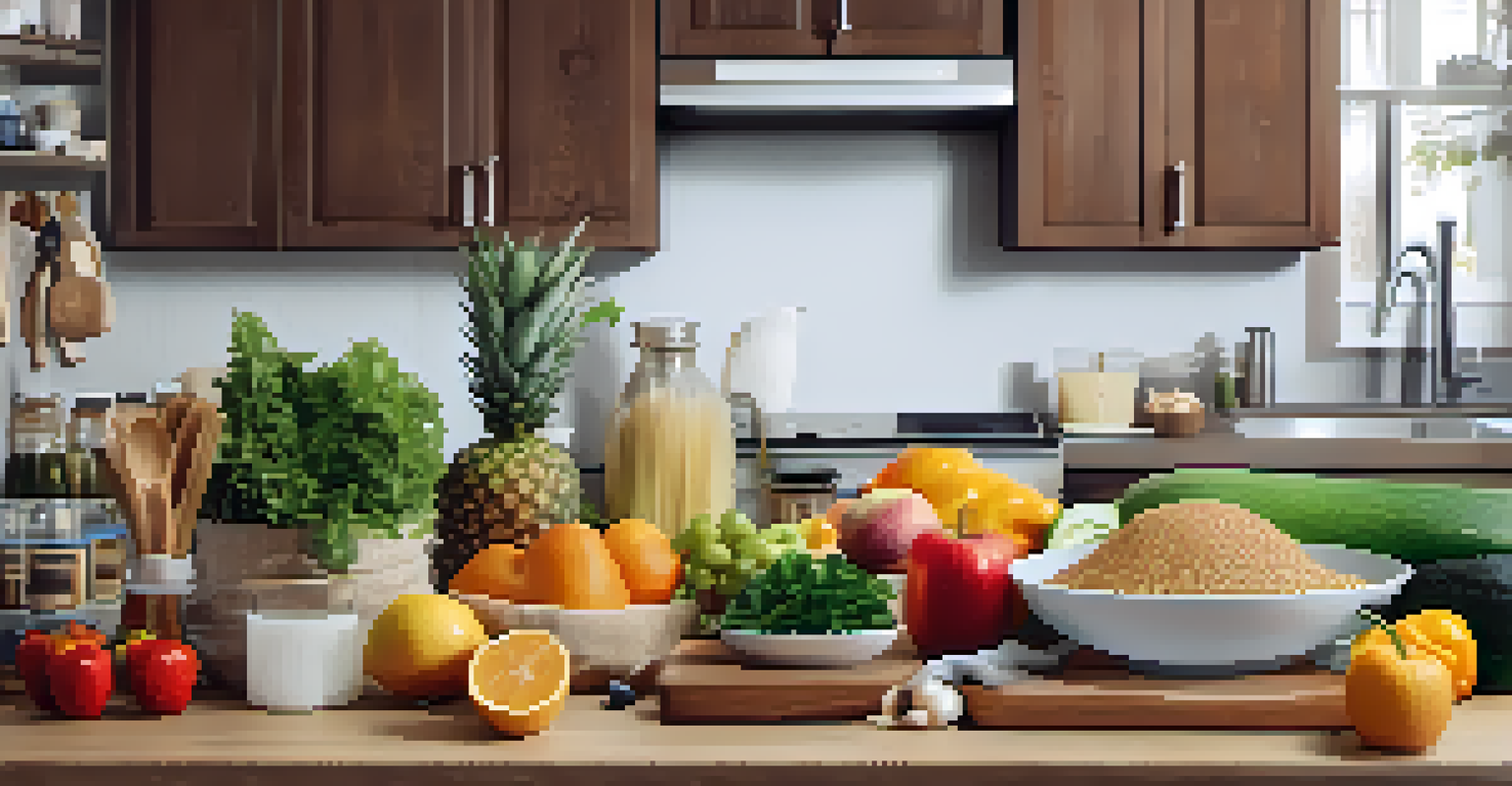 A well-organized kitchen with healthy foods like fresh fruits and vegetables displayed on the counter.
