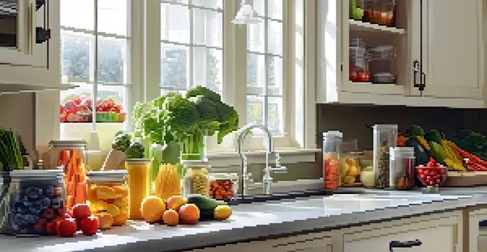 A well-organized kitchen with fresh fruits and vegetables, separate utensils, and labeled containers for allergen-free cooking, illuminated by soft natural light.