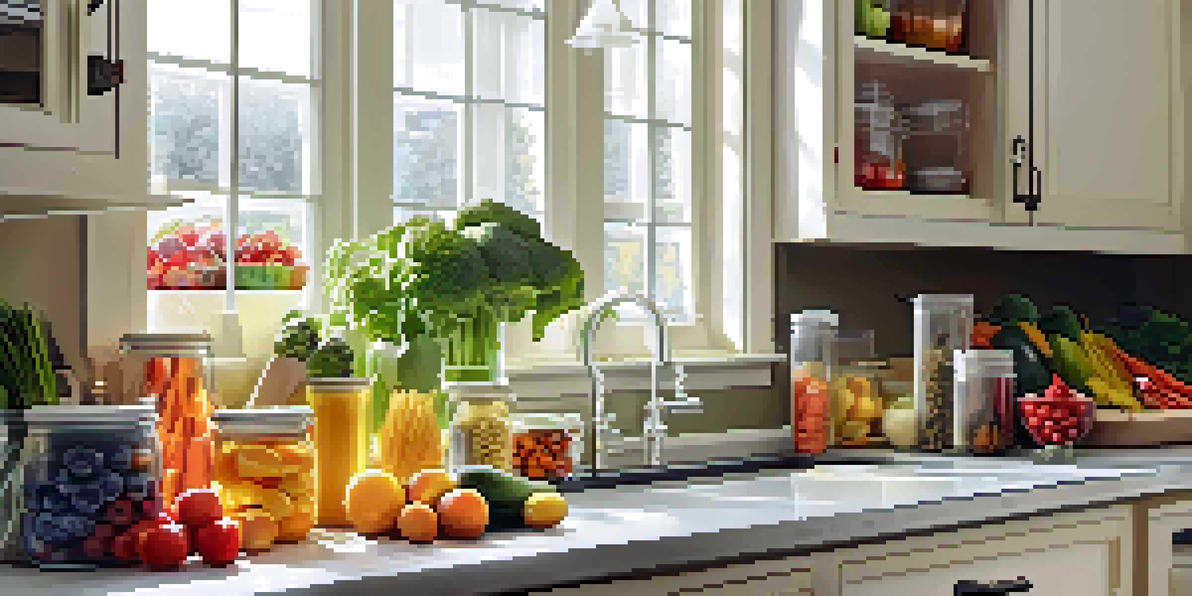 A well-organized kitchen with fresh fruits and vegetables, separate utensils, and labeled containers for allergen-free cooking, illuminated by soft natural light.