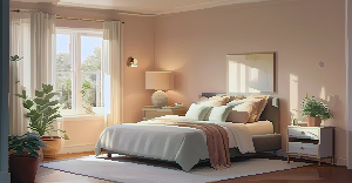 A calming bedroom scene with a neatly made bed, warm lighting, and a potted plant, creating a tranquil atmosphere for relaxation.