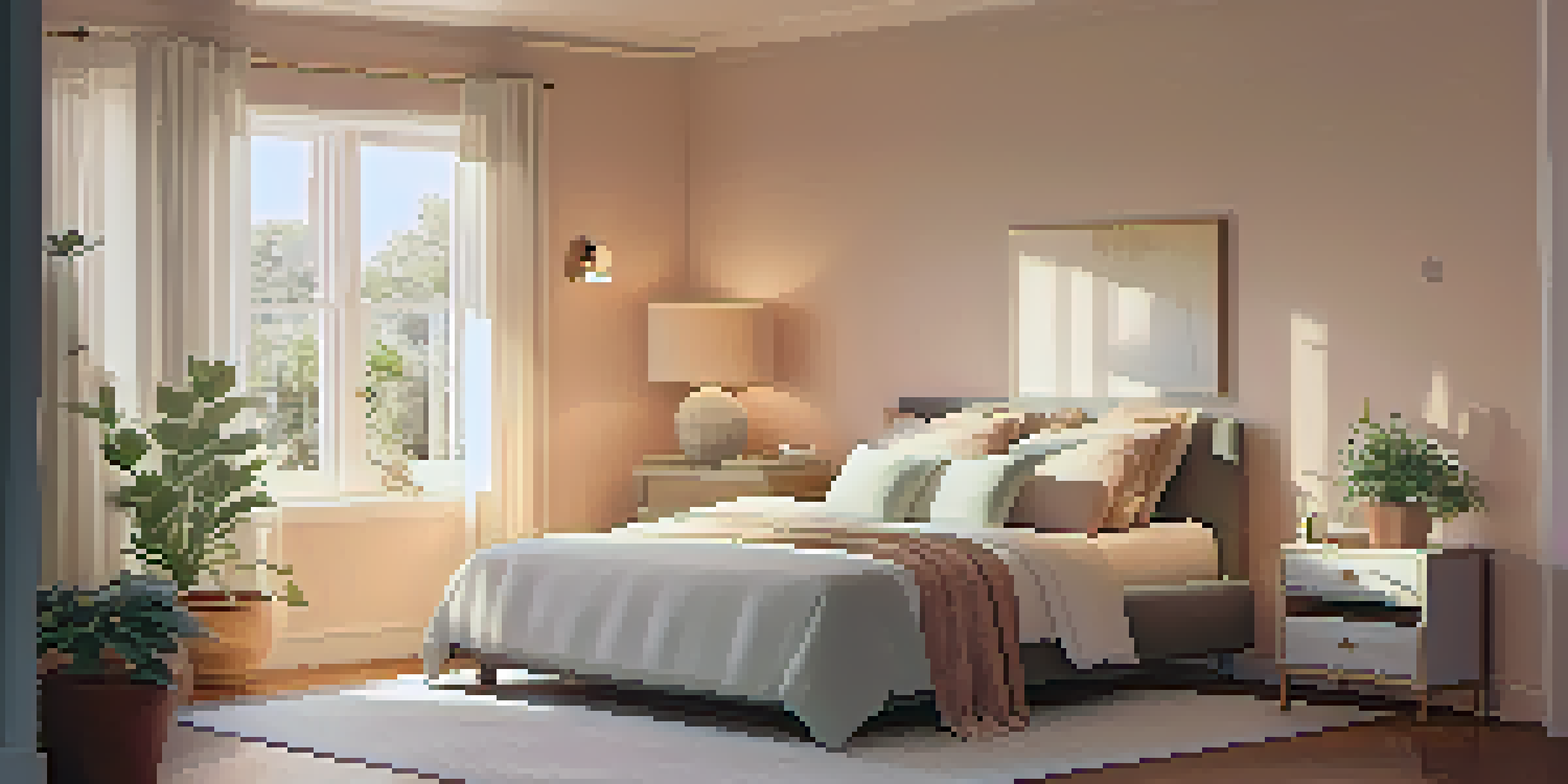 A calming bedroom scene with a neatly made bed, warm lighting, and a potted plant, creating a tranquil atmosphere for relaxation.