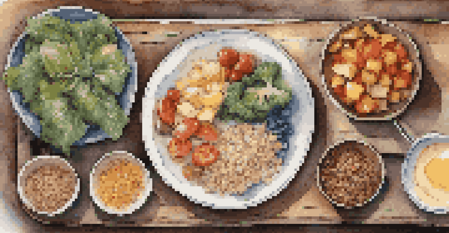 An overhead view of a balanced meal on a plate, showcasing proteins, grains, and vegetables, with measuring tools nearby.