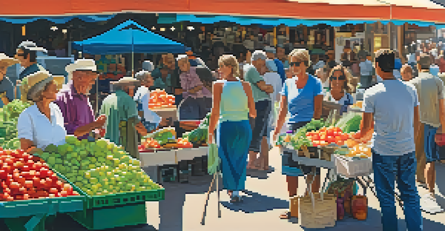 A lively farmer's market filled with fresh produce and people enjoying shopping and socializing.