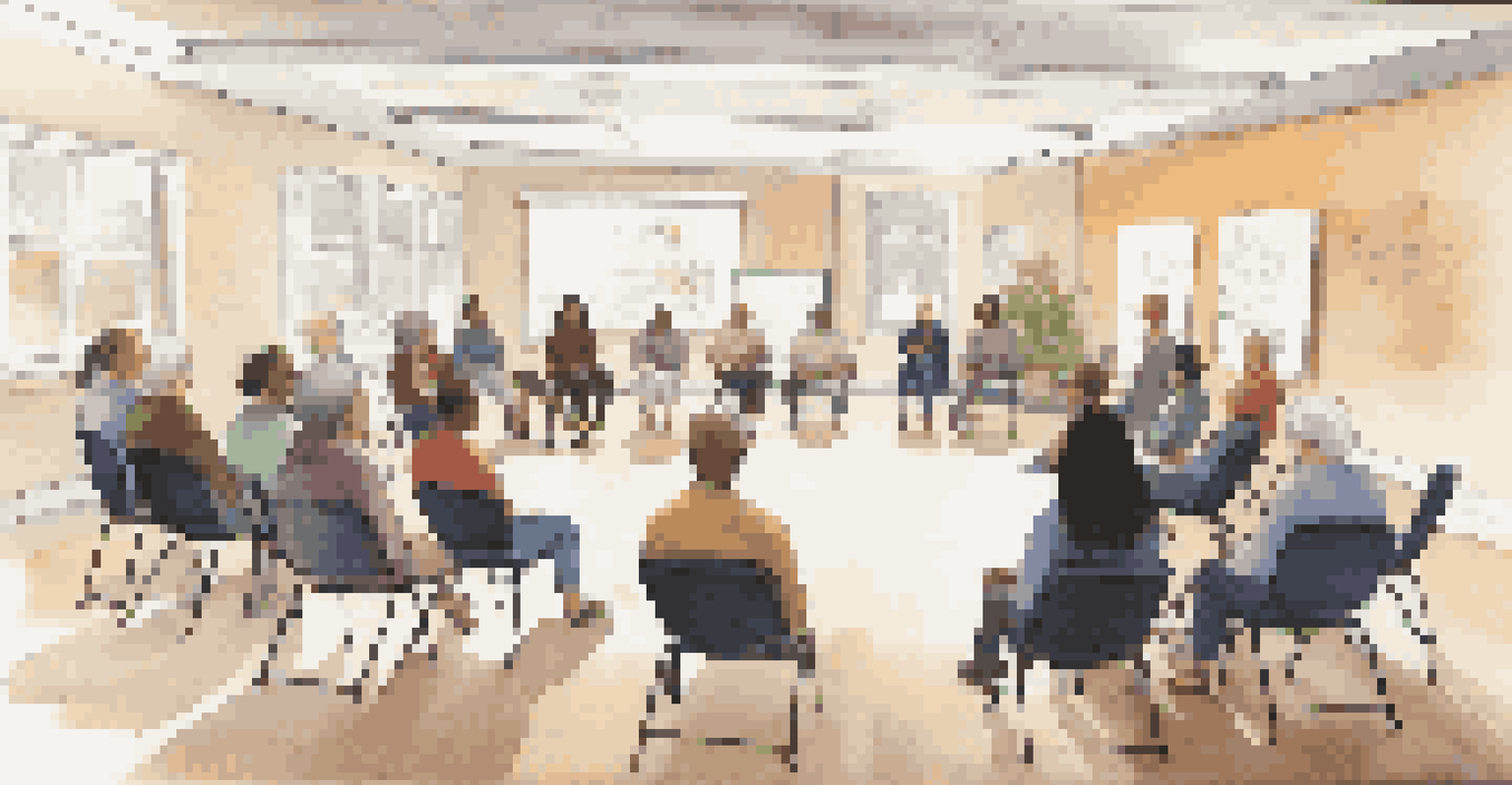 A circle of chairs in a community space with people engaged in a mindfulness workshop, featuring a whiteboard with techniques displayed.