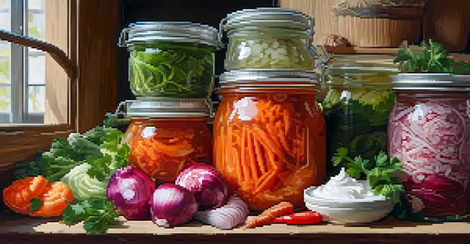 A close-up shot of various fermented foods including kimchi, sauerkraut, and yogurt on a wooden table.