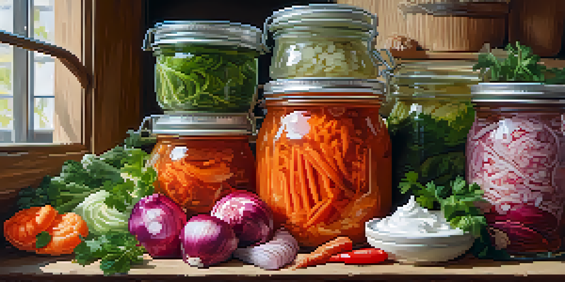 A close-up shot of various fermented foods including kimchi, sauerkraut, and yogurt on a wooden table.
