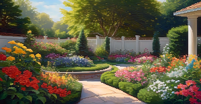 A peaceful garden filled with various colorful flowers symbolizing family members, illuminated by soft sunlight.