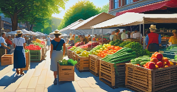 A busy farmer's market filled with colorful fruits and vegetables, shoppers with reusable bags, and sunlight shining down, creating a warm and inviting environment.