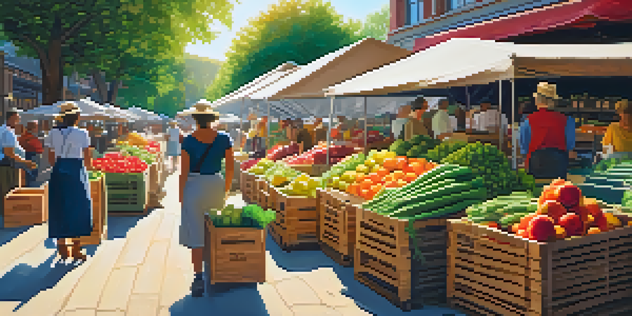 A busy farmer's market filled with colorful fruits and vegetables, shoppers with reusable bags, and sunlight shining down, creating a warm and inviting environment.