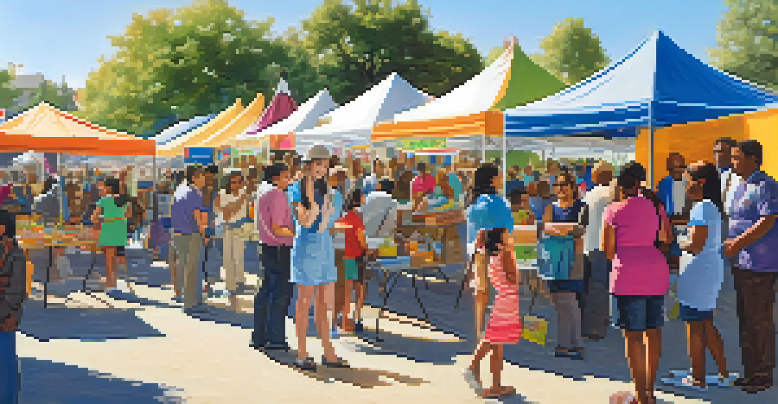 A lively outdoor community health fair with diverse attendees engaging at various booths.