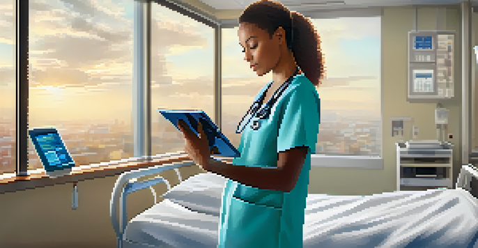 A healthcare professional in scrubs using a tablet to access patient records in a bright hospital room with medical equipment in the background.