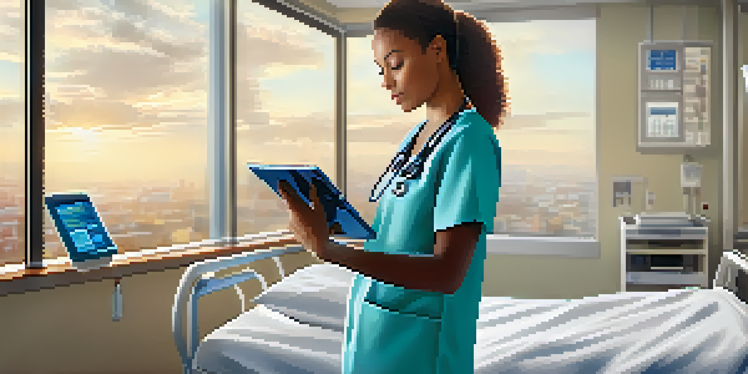 A healthcare professional in scrubs using a tablet to access patient records in a bright hospital room with medical equipment in the background.