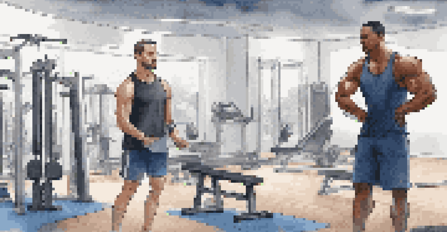 A personal trainer demonstrating a strength assessment exercise with a male athlete in a bright indoor gym filled with equipment.