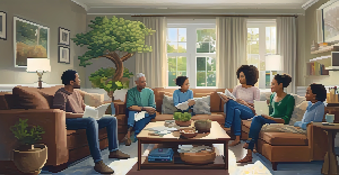 A warm living room scene with a diverse family gathered around a coffee table, discussing their family health history with a family tree on the wall.