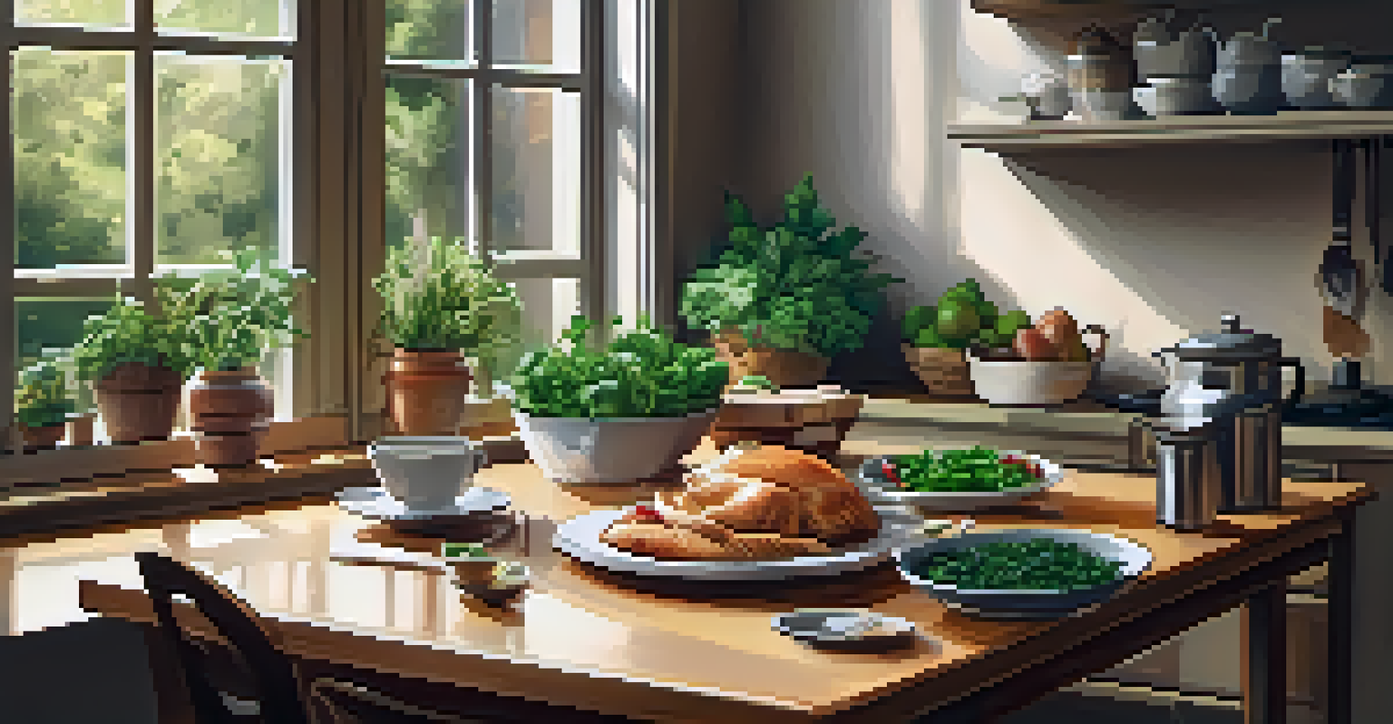 A cozy kitchen with a variety of healthy foods on a wooden table, a journal, and a cup of tea, creating an inviting atmosphere for mindful eating.