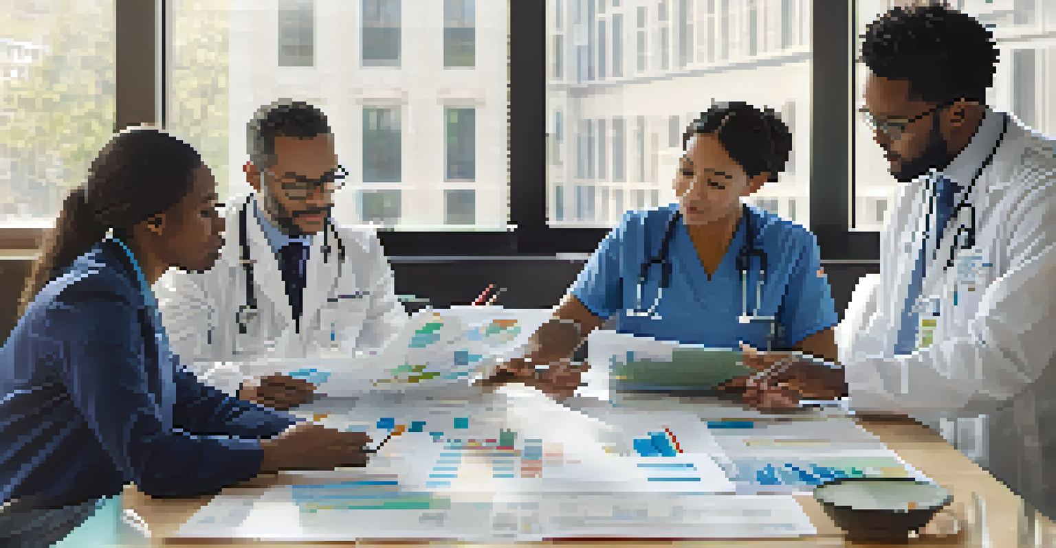 Healthcare professionals gathered around a table with charts, discussing strategies for equitable health access in a bright, well-lit room.