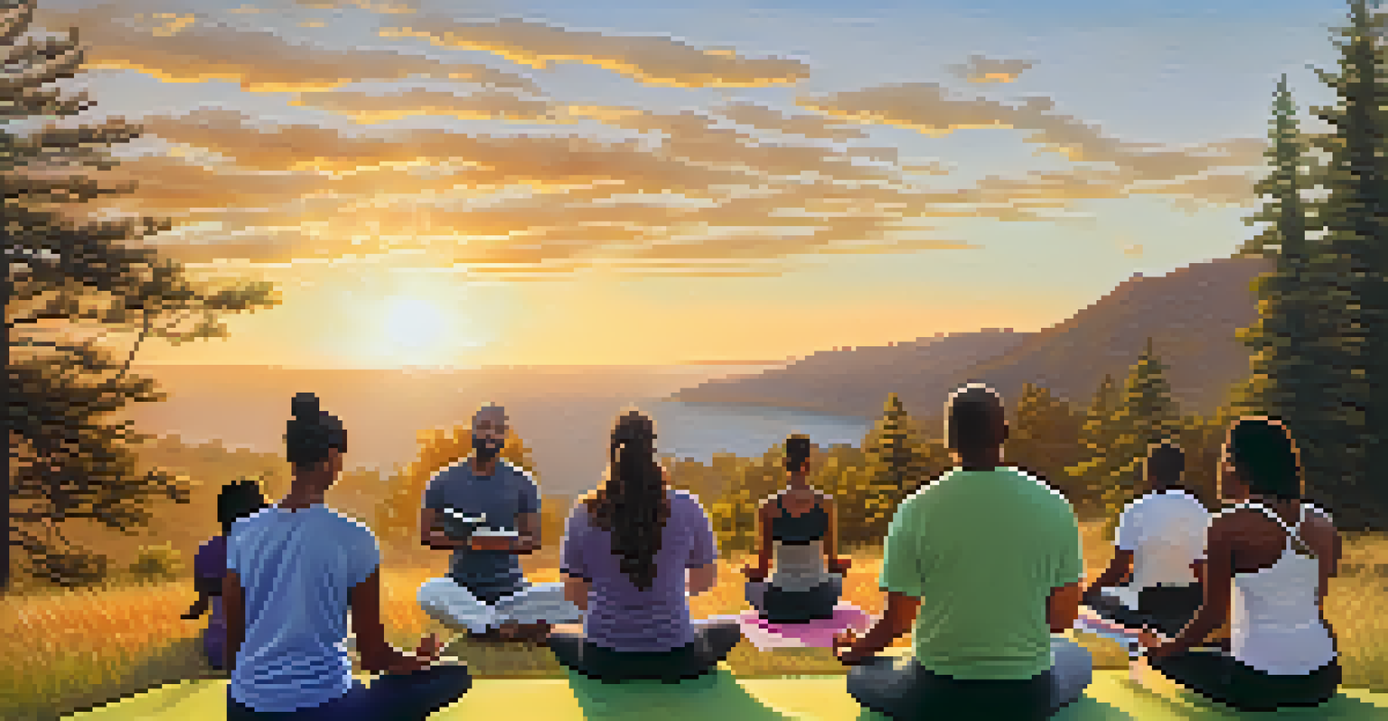 A diverse group of individuals participating in a wellness workshop outdoors, engaging in yoga and journaling with a sunset backdrop.