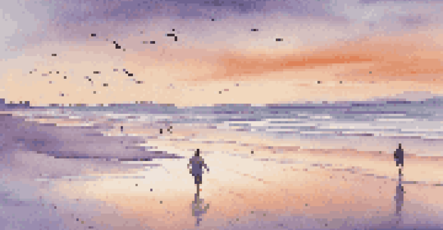 A person practicing mindful walking along a tranquil beach at sunset, with waves lapping at their feet and a colorful sky.