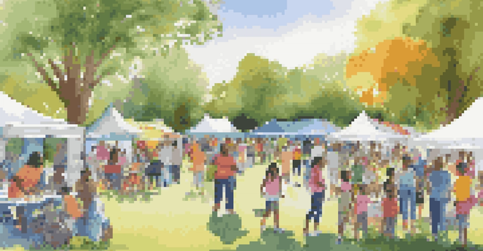 A lively community health fair in a park, showcasing families and volunteers engaging in health-related activities under colorful tents.