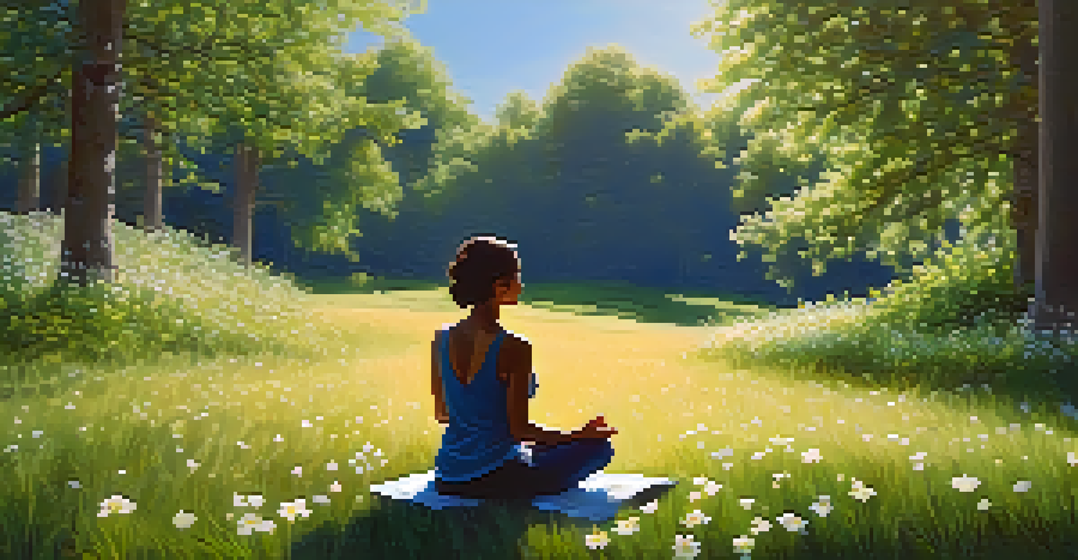 A person practicing mindfulness in a grassy field, surrounded by flowers and trees, enjoying a moment of peace.