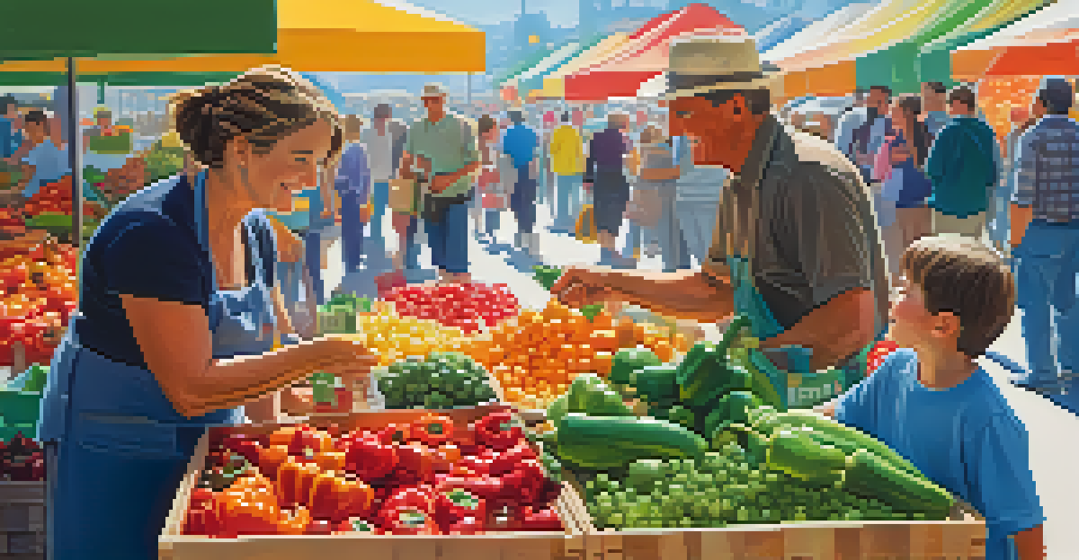 A parent and child exploring a farmers' market, choosing fresh produce together.