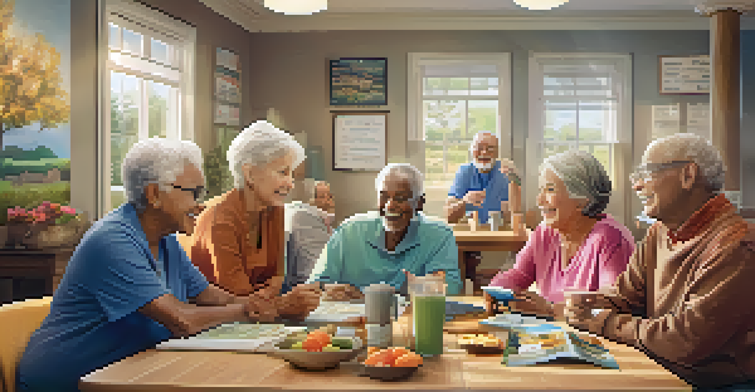 Seniors gathered around a table in a community center, discussing fitness goals and using tablets to track progress.