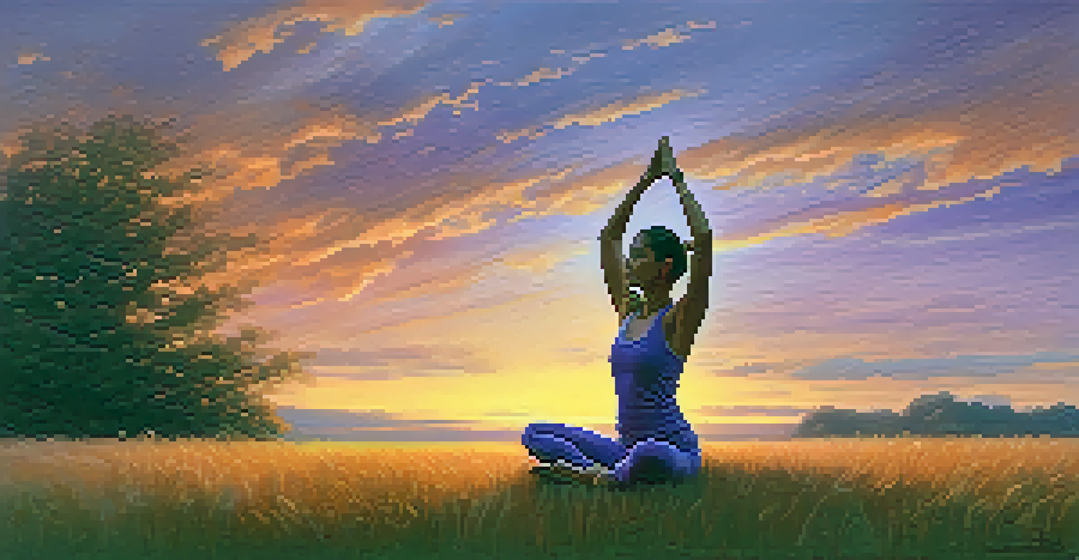 A person practicing yoga on a grassy field during sunset, with a colorful sky and soft clouds in the background.