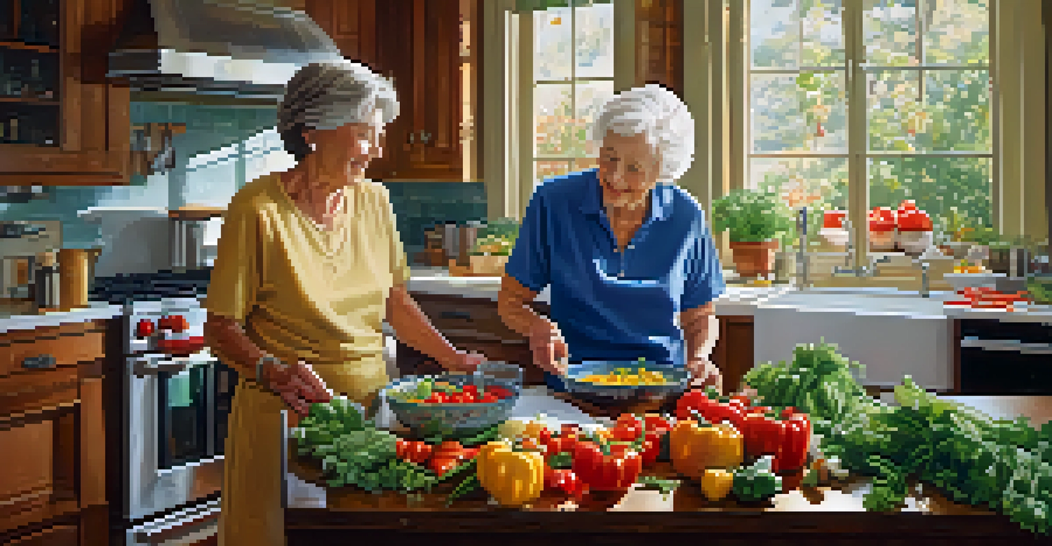 An elderly couple joyfully preparing a healthy meal in a bright kitchen, surrounded by fresh vegetables.