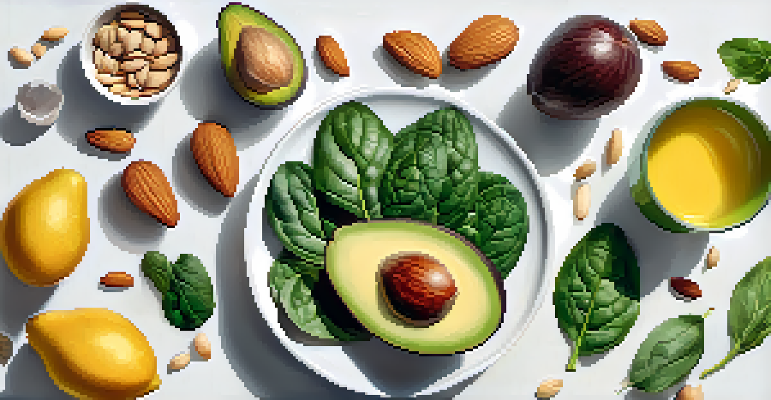 Flat lay of foods rich in Vitamin E including almonds, spinach, and avocado on a white background.