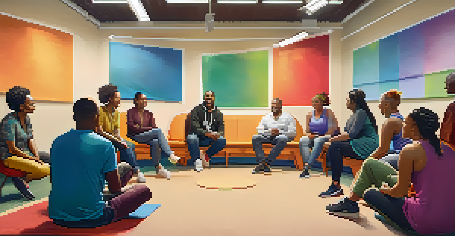 A diverse group of people in a circle engaging in a coaching session in a cozy community center, surrounded by colorful decorations.