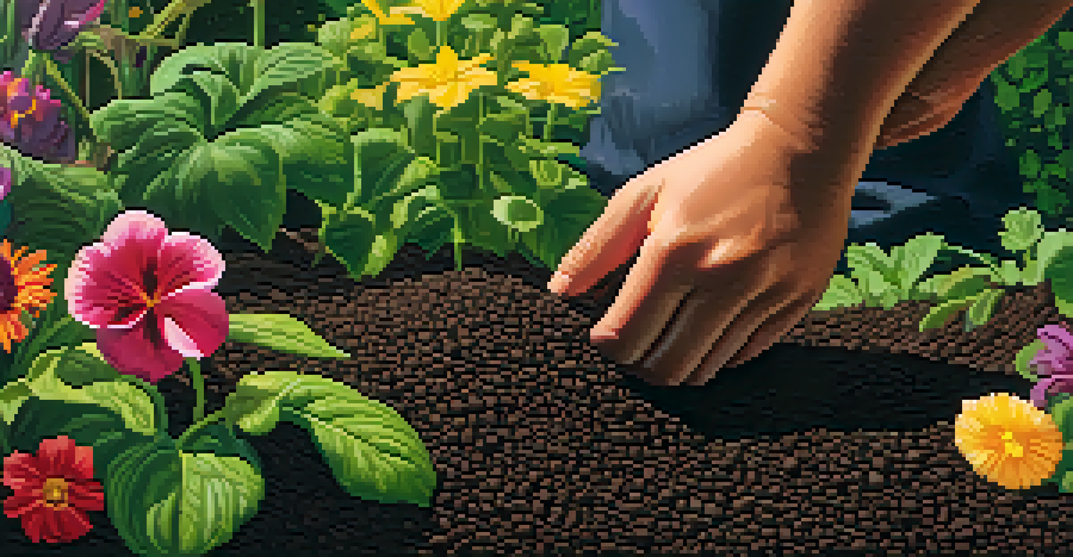 Close-up of hands planting seeds in dark soil, with vibrant seeds and a blurred green background that evokes a sense of growth.