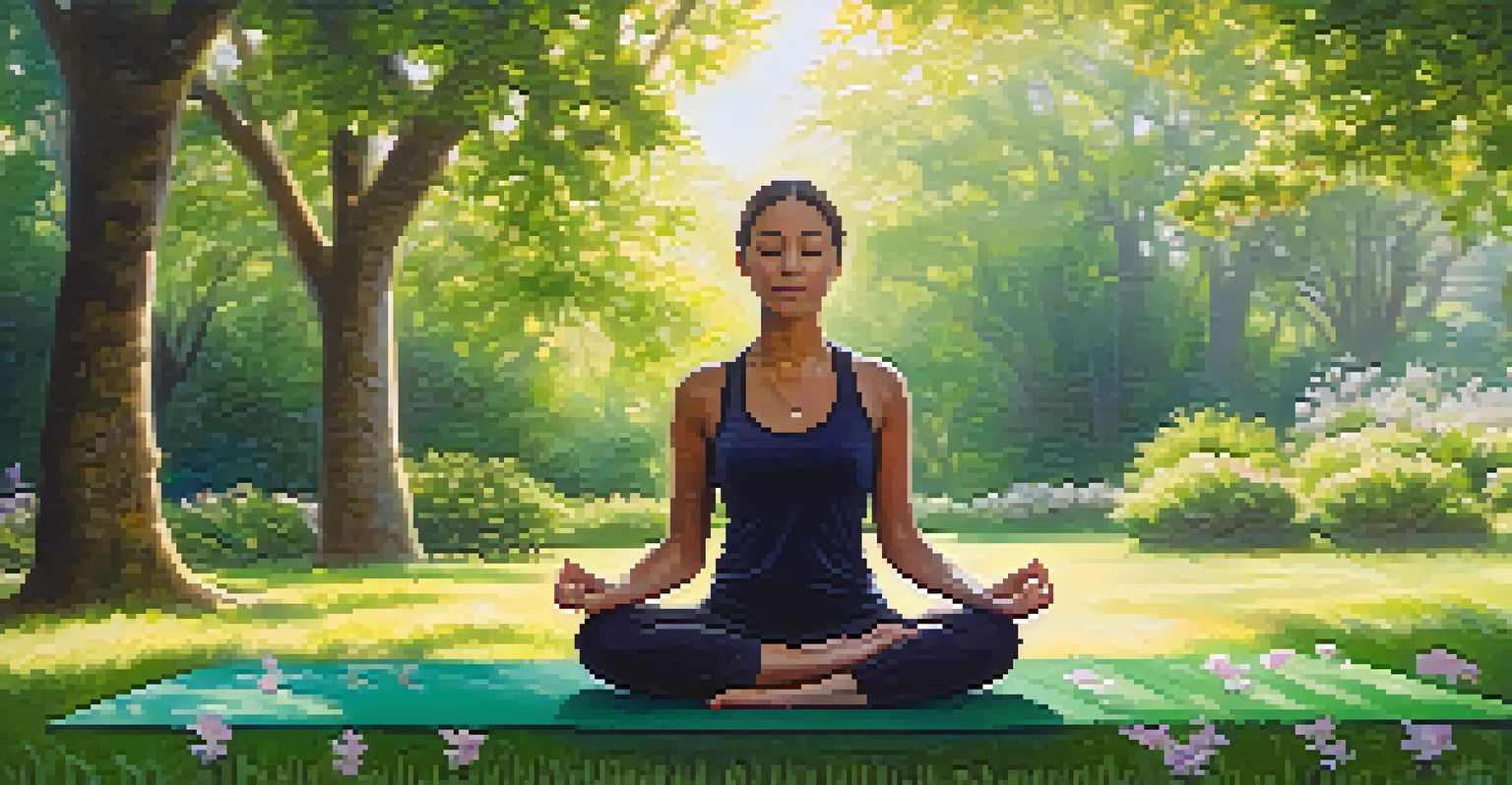 A person meditating on a yoga mat in a park, surrounded by greenery and blooming flowers.