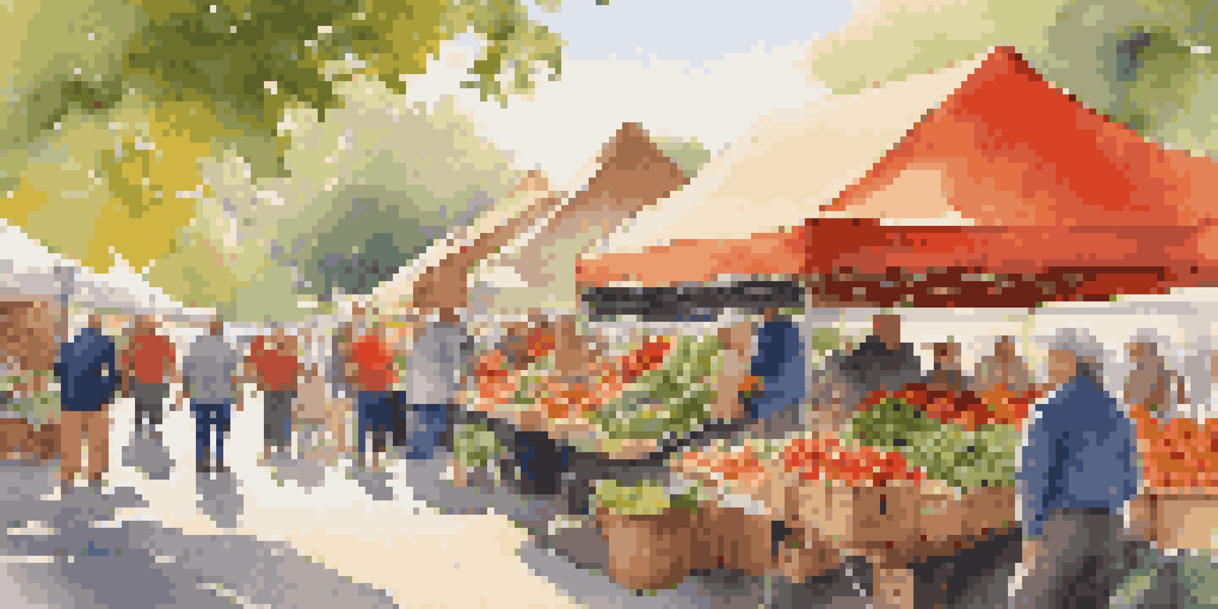 A lively farmers' market filled with colorful seasonal produce, with people interacting with local farmers under soft sunlight.