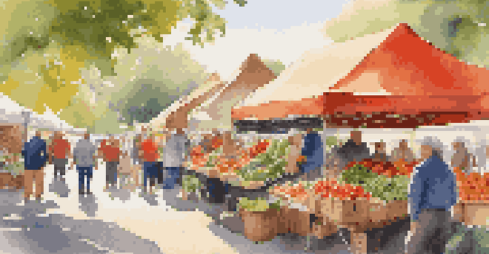 A lively farmers' market filled with colorful seasonal produce, with people interacting with local farmers under soft sunlight.